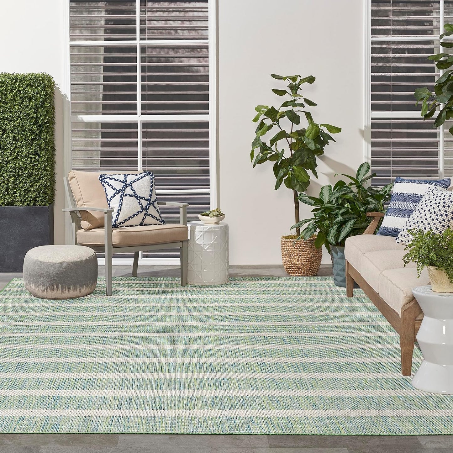 Nourison Home Positano 9' x 12' Indoor/Outdoor Blue Green Ivory Area Rug, Easy Cleaning, Non Shedding, Coastal Style, Striped, Rectangular
