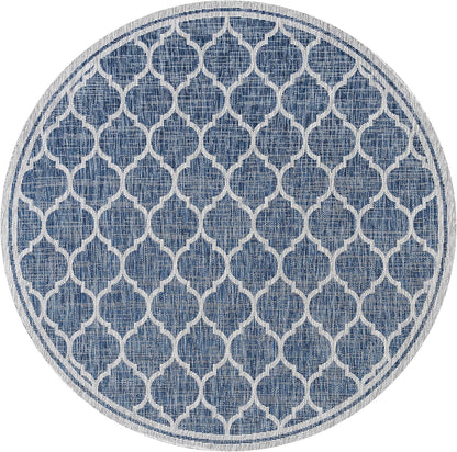 Eyely BMS109D-5R Santa Monica Trebol Moroccan Trellis Textured Weave Indoor/Outdoor Area Rug Coastal;Bohemian, Bedroom, Backyard, Patio, Easy-Cleaning, Non-Shedding, 5' Round, Navy/Gray