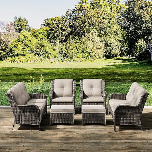 Joyside Patio Furniture Set 6 Pieces - Outdoor Rattan Furniture Set with 2 Armchairs, 2 Couch and 2 Ottomans, Olefin Cushions Included(Mixed Grey/Beige)