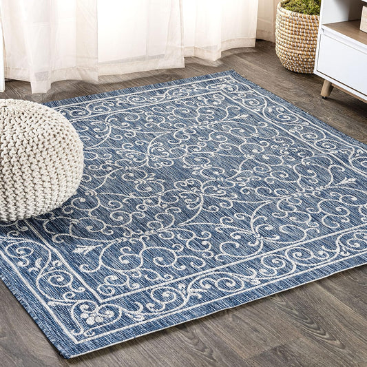 JONATHAN Y SMB106D-9SQ Charleston Vintage Filigree Textured Weave Navy/Gray 9' Square Indoor/Outdoor Area Rug, Pet Friendly, Non-Shedding, Stain Resistant, Easy-Cleaning for Backyard, Patio, Porch