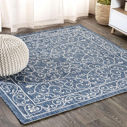JONATHAN Y SMB106D-4SQ Charleston Vintage Filigree Textured Weave Navy/Gray 4' Square Indoor/Outdoor Area Rug, Pet Friendly, Non-Shedding, Stain Resistant, Easy-Cleaning for Backyard, Patio, Porch