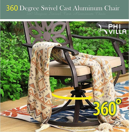 PHI VILLA 3 Pcs Cast Aluminum Patio Bistro Set, 2 Extra Wide Swivel Chairs with Cushion & 1 Round Bistro Dining Table with Umbrella Hole