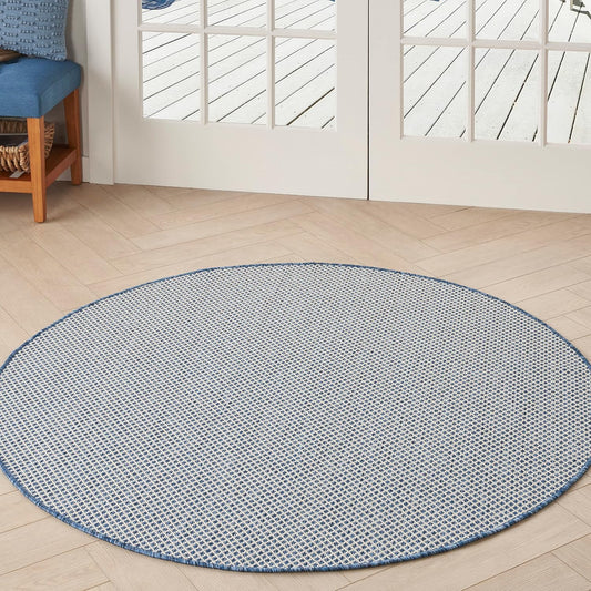 Nourison Home Courtyard Indoor/Outdoor Ivory Blue 4' x Round Area Rug, Easy Cleaning, Non Shedding, Bed Room, Living Room, Dining Room, Backyard, Deck, Patio (4 Round)