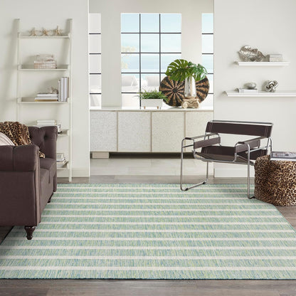 Nourison Home Positano 9' x 12' Indoor/Outdoor Blue Green Ivory Area Rug, Easy Cleaning, Non Shedding, Coastal Style, Striped, Rectangular