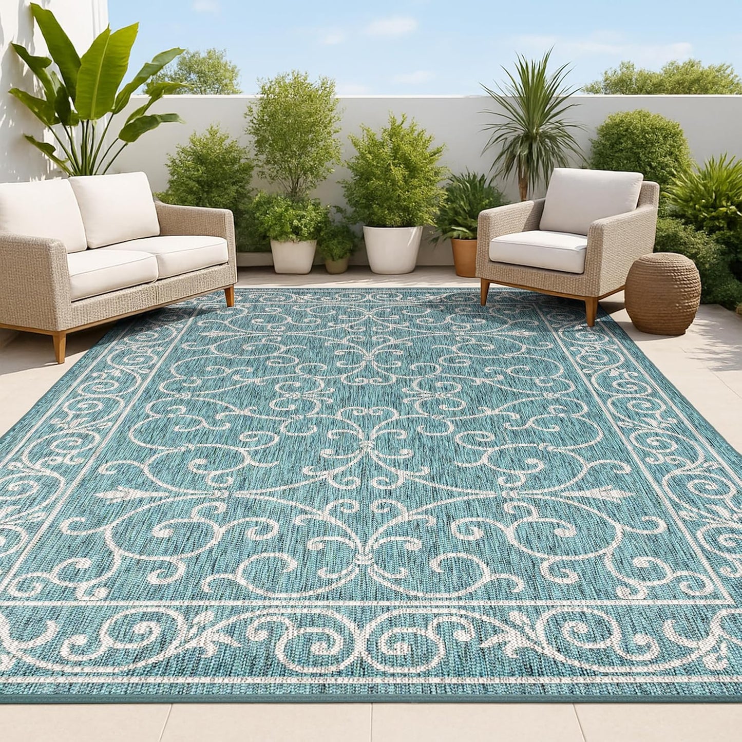 JONATHAN Y SMB106F-5 Charleston Vintage Filigree Textured Weave Indoor/Outdoor Teal/Gray 5 ft. x 8 ft. Area Rug, Classic,Easy Cleaning,HighTraffic,LivingRoom,Backyard, Non Shedding