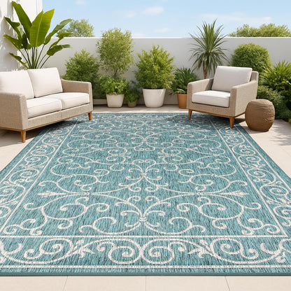 JONATHAN Y SMB106F-8 Charleston Vintage Filigree Textured Weave Indoor/Outdoor Teal/Gray 8 ft. x 10 ft. Area Rug, Classic,Easy Cleaning,HighTraffic,LivingRoom,Backyard, Non Shedding