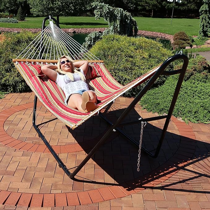 Sunnydaze Double Quilted Fabric Hammock with Universal Steel Stand - 450-Pound Capacity - Black Stand - Red Stripes