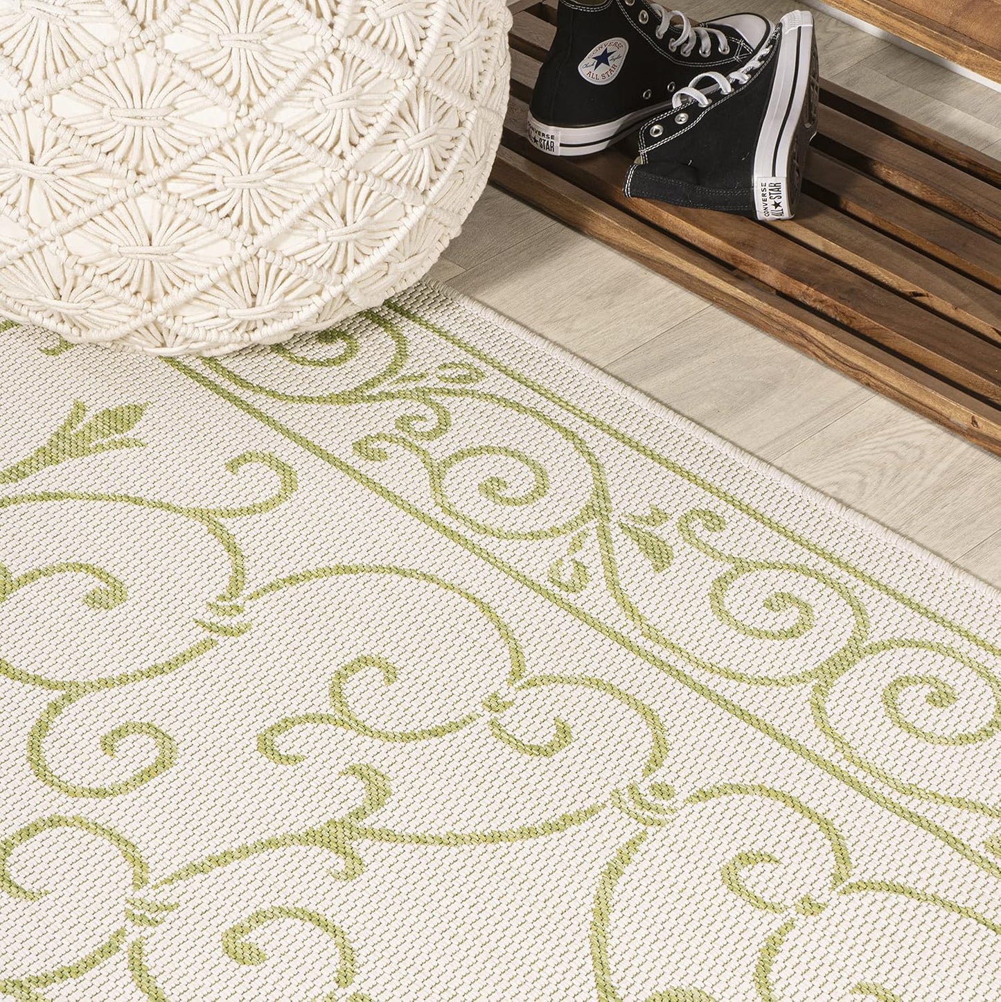 JONATHAN Y SMB106I-5SQ Charleston Vintage Filigree Textured Weave Indoor Outdoor Area Rug, Bohemian Coastal Traditional Easy Cleaning,Bedroom,Kitchen,Backyard,Patio, 5' Square, Cream/Green
