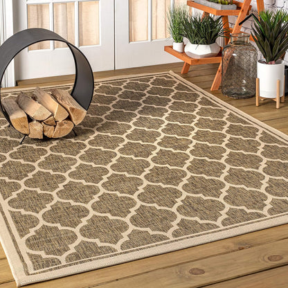 Eyely BMS109A-8 Santa Monica Trebol Moroccan Trellis Textured Weave Indoor/Outdoor Area Rug Coastal;Bohemian, Bedroom, Backyard, Patio, Easy-Cleaning, Non-Shedding, 8 X 10, Brown/Beige