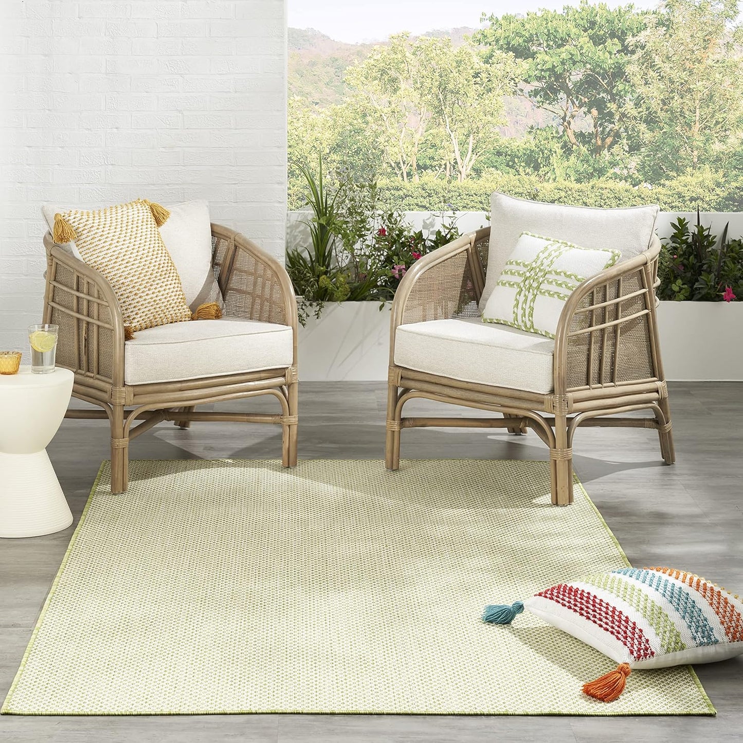 Nourison Courtyard Indoor/Outdoor Ivory Green 6' x 9' Area Rug, Geometric, Easy Cleaning, Non Shedding, Bed Room, Living Room, Dining Room, Deck, Patio, Backyard (6x9)