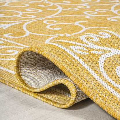 JONATHAN Y SMB106L-9 Charleston Vintage Filigree Textured Weave Indoor Outdoor Area Rug, Classic Traditional Easy-Cleaning,Bedroom,Kitchen,Backyard,Patio,Non Shedding, 9 X 12, Yellow/Cream