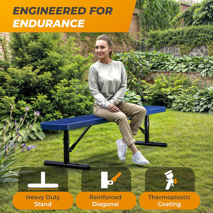 Heavy-Duty Outdoor Metal Bench, Thermoplastic-Coated, Portable, Weatherproof, Commercial-Grade for Parks, Gardens, Patios, Stores & More (6 Ft - Portable, Blue)