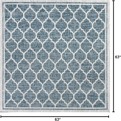 Eyely BMS109E-5SQ Santa Monica Trebol Moroccan Trellis Textured Weave Indoor/Outdoor Area Rug Coastal;Bohemian, Bedroom, Backyard, Patio, Easy-Cleaning, Non-Shedding, 5' Square, Teal/Gray