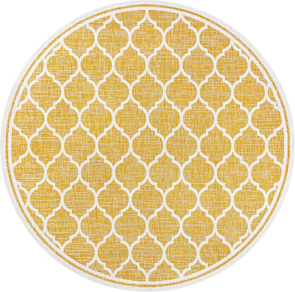 Eyely BMS109F-5R Santa Monica Trebol Moroccan Trellis Textured Weave Indoor/Outdoor Area Rug Coastal;Bohemian, Bedroom, Backyard, Patio, Easy-Cleaning, Non-Shedding, 5' Round, Yellow/Cream
