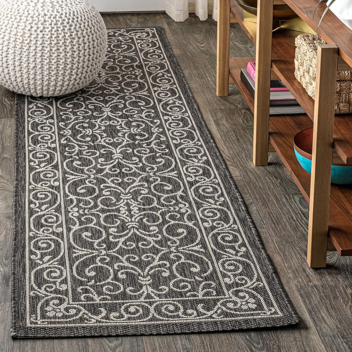 JONATHAN Y SMB106G-210 Charleston Vintage Filigree Textured Weave Indoor Outdoor Runner Rug Classic Coastal Easy Cleaning Bedroom Kitchen Backyard Patio Non Shedding, 2 X 10, Black/Gray