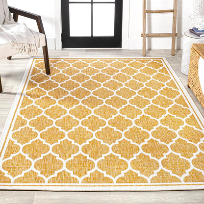 Eyely BMS109F-5 Santa Monica Trebol Moroccan Trellis Textured Weave Indoor/Outdoor Area Rug Coastal;Bohemian, Bedroom, Backyard, Patio, Easy-Cleaning, Non-Shedding, 5 X 8, Yellow/Cream
