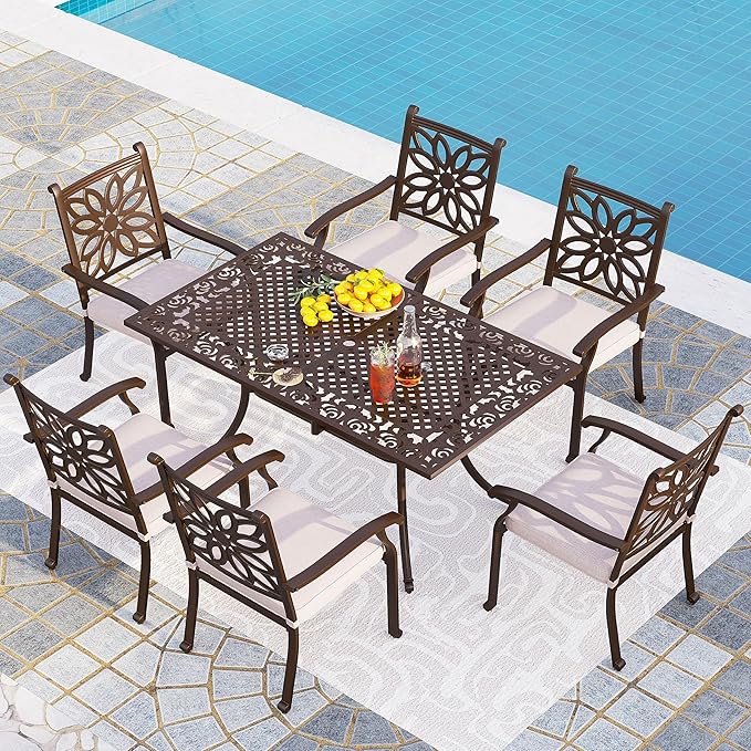 PHI VILLA Cast Aluminum Patio Dining Set for 6, 7 Piece Outdoor Patio Table and Chairs with 63" x 37.4" Aluminum Table(2.3" Umbrella Hole) and 6 Extra Wide Dining Chairs with Cushions