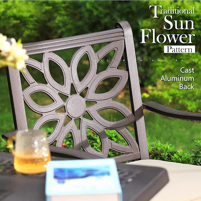 PHI VILLA 3 Pcs Cast Aluminum Patio Bistro Set, 2 Extra Wide Swivel Chairs with Cushion & 1 Round Bistro Dining Table with Umbrella Hole