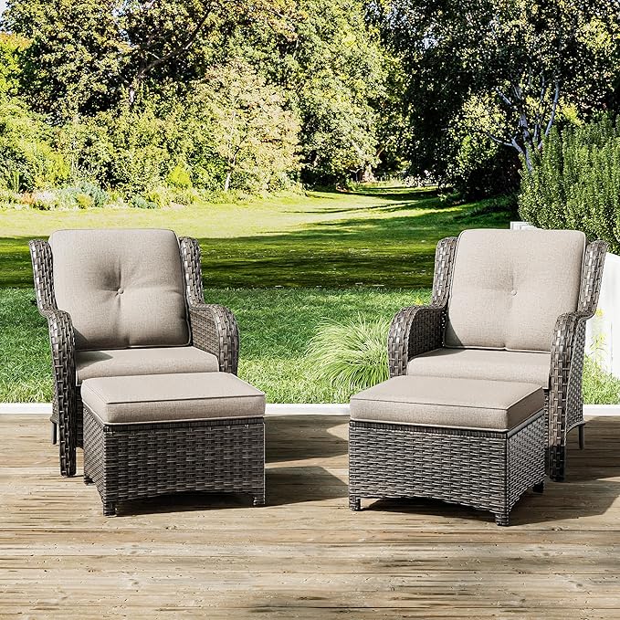 Joyside 4 Pieces Outdoor Patio Furniture Set Wicker Conversation Bistro Set 2 PE Wicker Patio with 2pcs Ottomans for Backyard, Porch, Balcony(Mixed Grey/Beige)