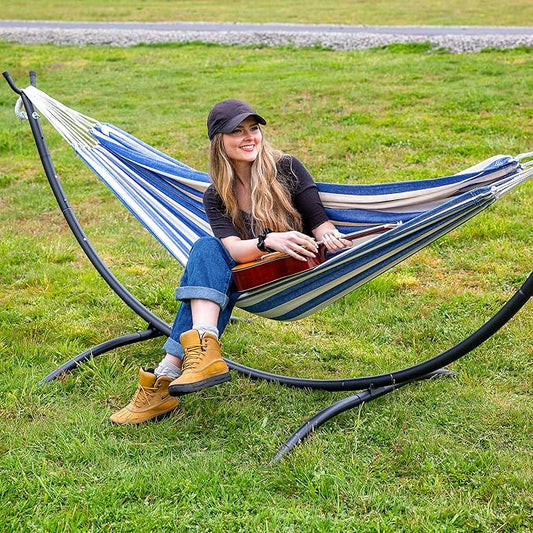 SUNCREAT Backyard Hammock with Frame, Hammock Frames for Outside, 475 lbs Capacity, Blue & White Stripes