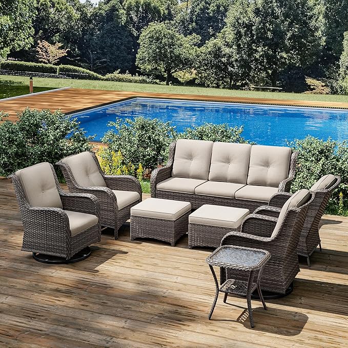 Joyside Wicker Patio Furniture Sets 8 Piece Set with 3-Seat Sofa, 2 Swivel Rocking Armchairs, 2 Armchairs, 2 Ottoman and 1 Side Table Wicker Outdoor Furniture Sectional Conversation Set, Beige