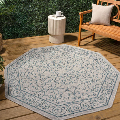 JONATHAN Y SMB106E-8TGN Charleston Vintage Filigree Textured Weave Gray/Teal 8' Octagon Indoor/Outdoor Area Rug, Non-Shedding, Stain Resistant,Fade Resistant, Easy-Cleaning for Backyard Patio, Porch