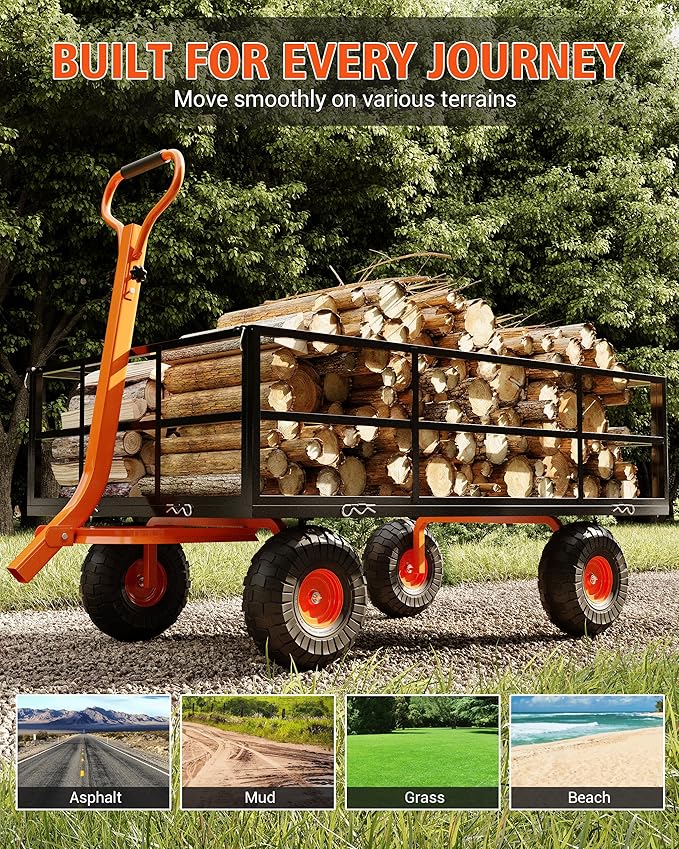 1200LB Capacity Garden Cart, 3-in-1 Heavy Duty Utility Wagon with 13" All-Terrain Tires, Removable Mesh Sides & 180° Swivel Handle - Outdoor Yard Cart for Gardening, Farming, Patio Use