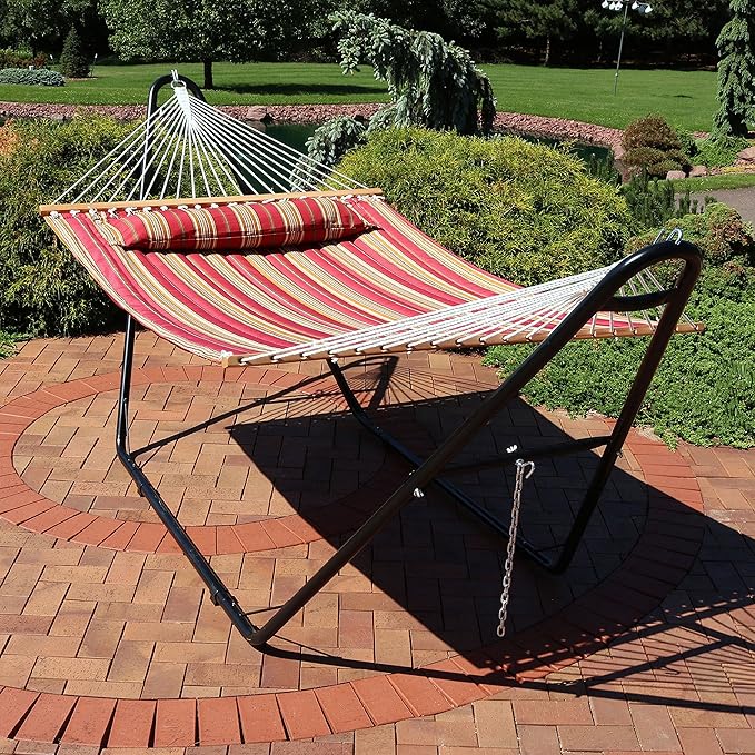 Sunnydaze Double Quilted Fabric Hammock with Universal Steel Stand - 450-Pound Capacity - Black Stand - Red Stripes