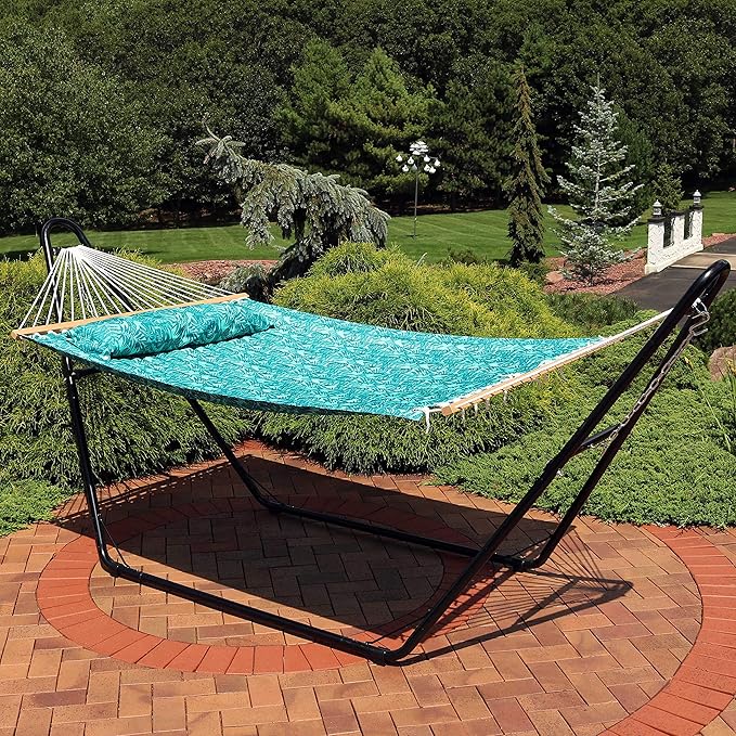 Sunnydaze Quilted Outdoor Hammock with Spreader Bars - Heavy-Duty 450-Pound Capacity Double Hammock for Outside - Cool Blue Tropics