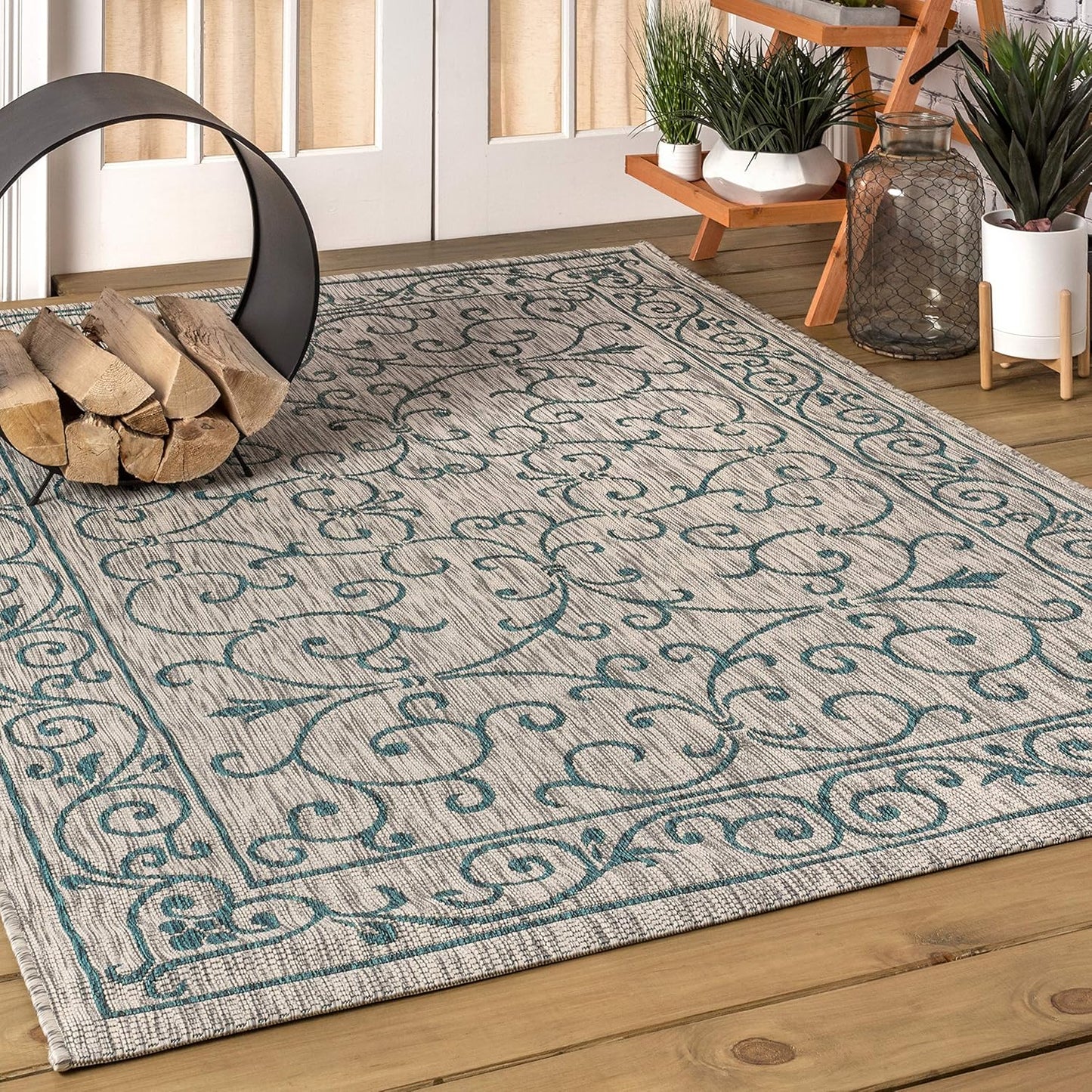JONATHAN Y SMB106E-14 Charleston Vintage Filigree Textured Weave Gray/Teal 10 ft. x 14 ft. Indoor/Outdoor Area Rug, Pet Friendly, Non-Shedding, Stain Resistant, Easy-Cleaning for Backyard, Patio