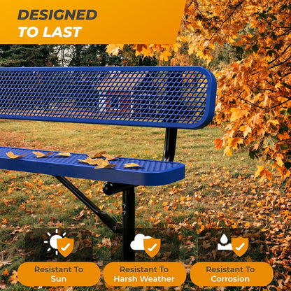 Heavy-Duty Outdoor Metal Bench, Thermoplastic-Coated, Inground, Weatherproof, Commercial-Grade for Parks, Gardens, Patios, Stores & More (6 Ft - Inground with Back, Blue)