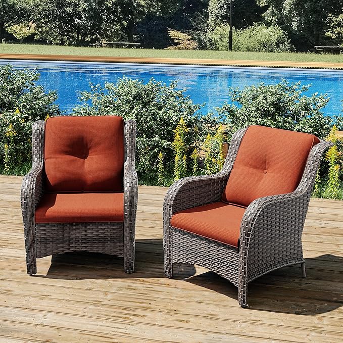 Joyside Outdoor Wicker Chair Rattan Patio Dining Chairs Set of 2 PE Wicker Patio Chairs with 4inch Seat Cushions Outdoor Patio Seating Chair for Garden, Backyard Deck(Mixed Grey/Orange)