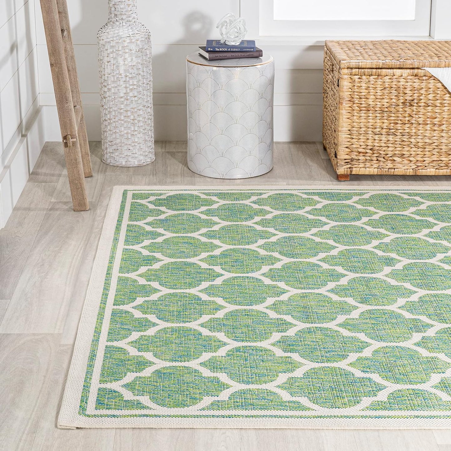 Eyely BMS109I-9 Santa Monica Trebol Moroccan Trellis Textured Weave Indoor/Outdoor Area Rug Coastal;Bohemian, Bedroom, Backyard, Patio, Easy-Cleaning, Non-Shedding, 9 X 12, Cream/Green
