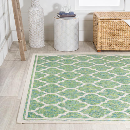 Eyely BMS109I-9 Santa Monica Trebol Moroccan Trellis Textured Weave Indoor/Outdoor Area Rug Coastal;Bohemian, Bedroom, Backyard, Patio, Easy-Cleaning, Non-Shedding, 9 X 12, Cream/Green
