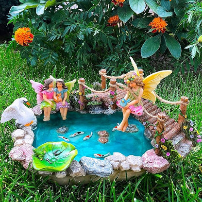 Mood Lab Fairy Garden Fish Pond Kit - Miniature Bridge Set of 6 pcs Fairy Garden Figurines & Accessories - Outdoor or House Decor