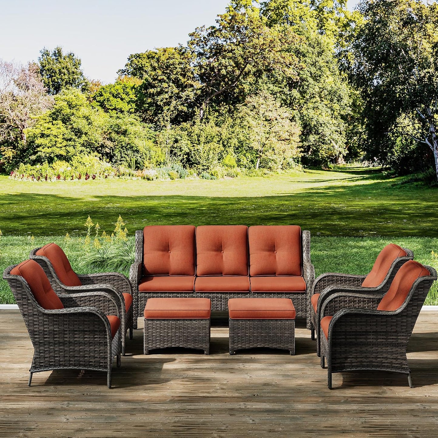 Joyside Wicker Patio Furniture Sets 7 Piece Set with One 3-Seat Sofa, Four Armchairs, Two Ottomans, Wicker Outdoor Furniture Sectional Conversation Set(Mixed Grey/Orange)