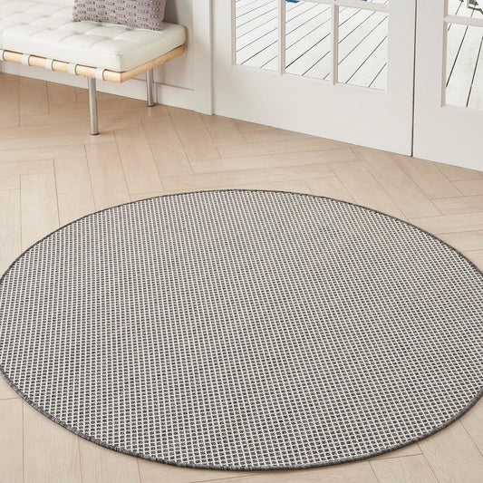 Nourison Home Courtyard Indoor/Outdoor Ivory/Charcoal 4' x Round Area Rug, Easy Cleaning, Non Shedding, Bed Room, Living Room, Dining Room, Backyard, Deck, Patio (4 Round)