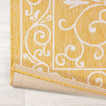 JONATHAN Y SMB106L-5SQ Charleston Vintage Filigree Textured Weave Indoor Outdoor Area Rug, Classic Traditional Transitional Easy Cleaning,Bedroom,Kitchen,Backyard,Patio, Yellow/Cream, 5' Square