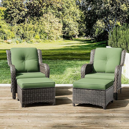 Joyside 4 Pieces Outdoor Patio Furniture Set Wicker Conversation Bistro Set 2 PE Wicker Patio with 2pcs Ottomans for Backyard, Porch, Balcony(Mixed Grey/Green)
