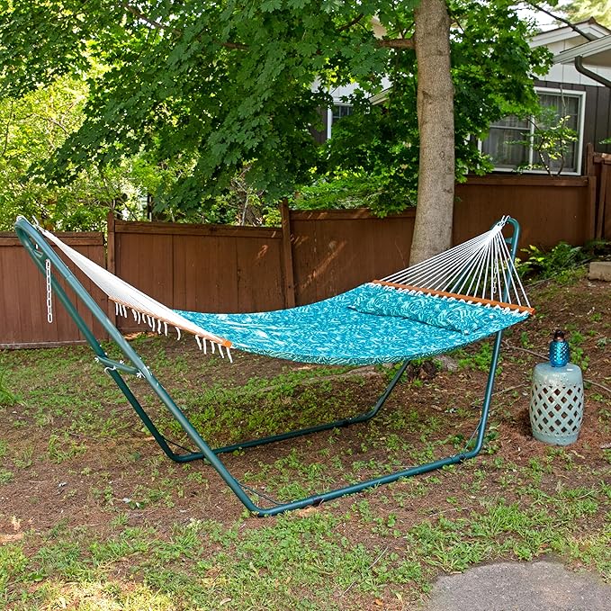 Sunnydaze Quilted Outdoor Hammock with Spreader Bars - Heavy-Duty 450-Pound Capacity Double Hammock for Outside - Cool Blue Tropics