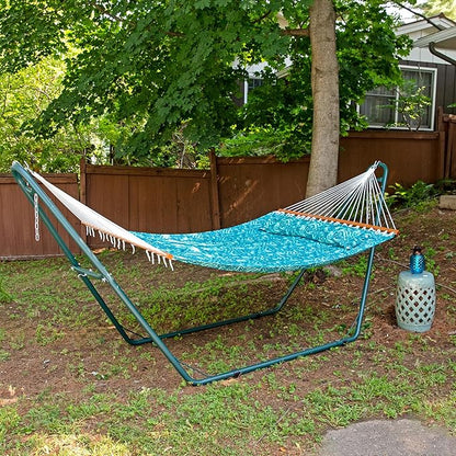 Sunnydaze Quilted Outdoor Hammock with Spreader Bars - Heavy-Duty 450-Pound Capacity Double Hammock for Outside - Cool Blue Tropics