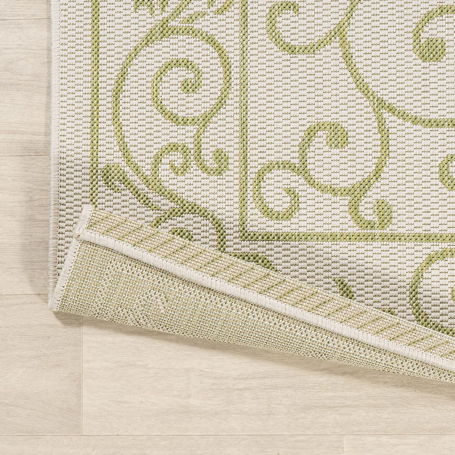 JONATHAN Y SMB106I-28 Charleston Vintage Filigree Textured Weave Indoor Outdoor Runner Rug, Bohemian Coastal Traditional Easy Cleaning,Bedroom,Kitchen,Backyard,Patio,Non Shedding, 2 X 8, Cream/Green