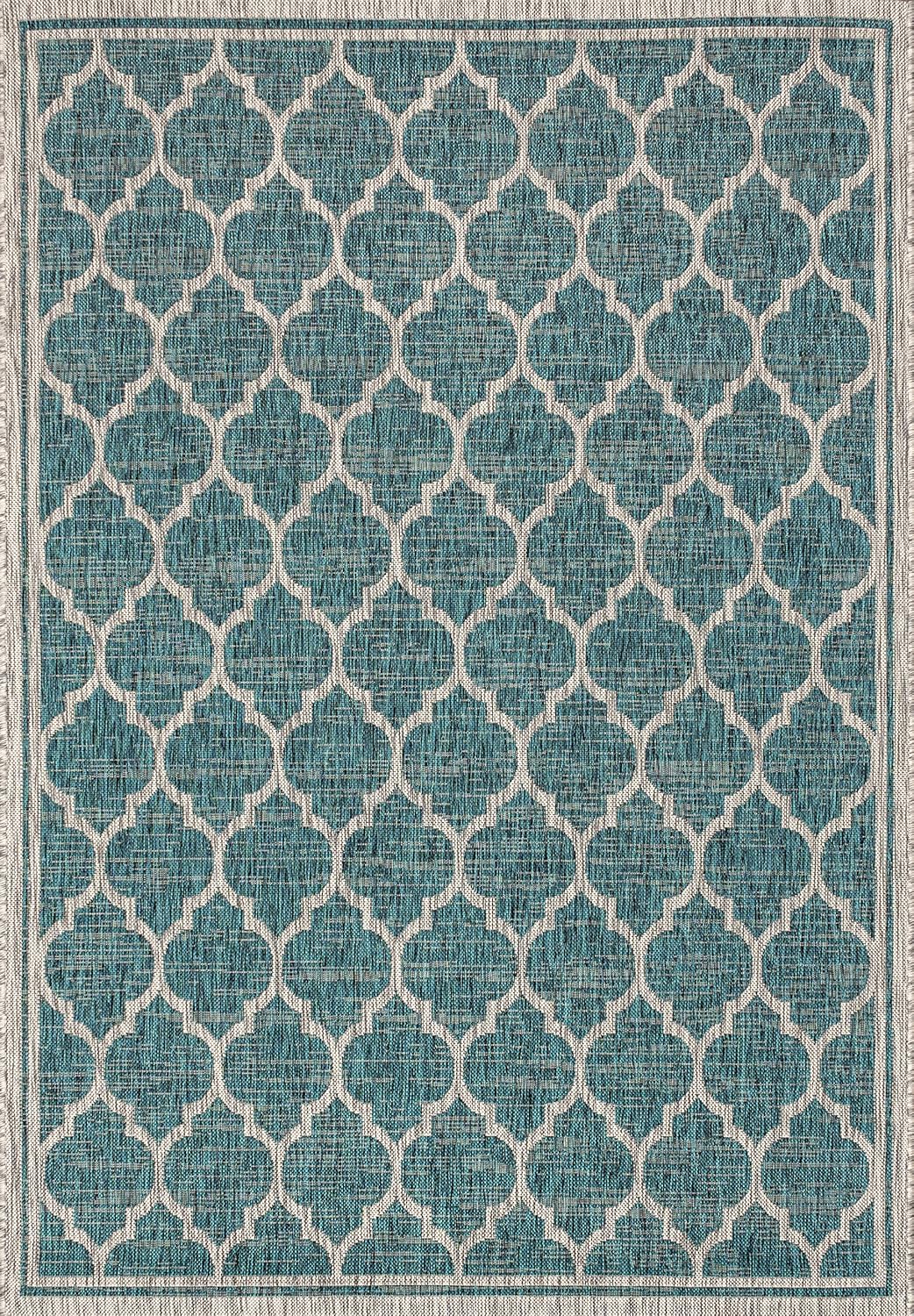 Eyely BMS109E-3 Santa Monica Trebol Moroccan Trellis Textured Weave Indoor/Outdoor Area Rug Coastal;Bohemian, Bedroom, Backyard, Patio, Easy-Cleaning, Non-Shedding, 3 X 5, Teal/Gray
