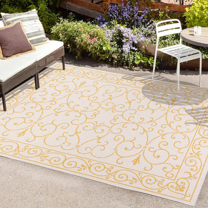 JONATHAN Y SMB106M-4 Charleston Vintage Filigree Textured Weave Indoor Outdoor Area Rug, Classic Traditional Easy-Cleaning,Bedroom,Kitchen,Backyard,Patio,Non Shedding, 4 X 6, Cream/Yellow