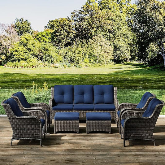 Joyside Wicker Patio Furniture Sets 7 Piece Set with One 3-Seat Sofa, Four Armchairs, Two Ottomans, Wicker Outdoor Furniture Sectional Conversation Set(Mixed Grey/Blue)