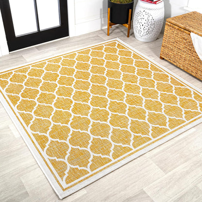 Eyely BMS109F-5SQ Santa Monica Trebol Moroccan Trellis Textured Weave Indoor/Outdoor Area Rug Coastal;Bohemian, Bedroom, Backyard, Patio, Easy-Cleaning, Non-Shedding, 5' Square, Yellow/Cream