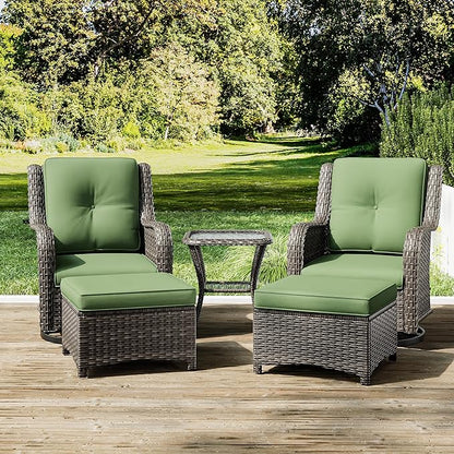 Joyside 5 Piece Outdoor Patio Furniture Set Wicker Conversation Bistro Set Swivel Rocking Chairs with Side Table and Ottomans for Backyard, Porch, Deck(Mixed Grey/Green)