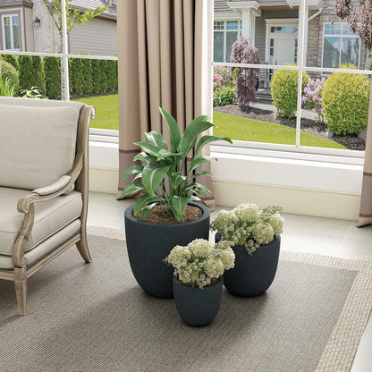 Kante 18",14",10" Dia Concrete Round Planters (Set of 3), Outdoor Indoor Large Planter Pots with Drainage Hole and Rubber Plug for Home Patio Garden, Dark Gray