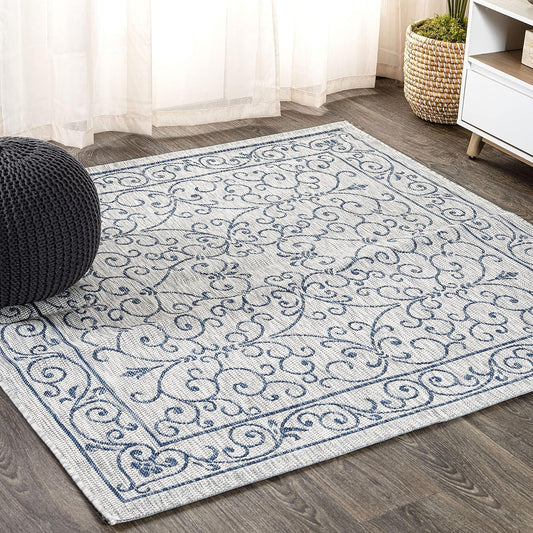 JONATHAN Y SMB106C-8SQ Charleston Vintage Filigree Textured Weave Gray/Navy 8' Square Indoor/Outdoor Area Rug, Pet Friendly, Non-Shedding, Stain Resistant, Easy-Cleaning for Backyard, Patio, Porch