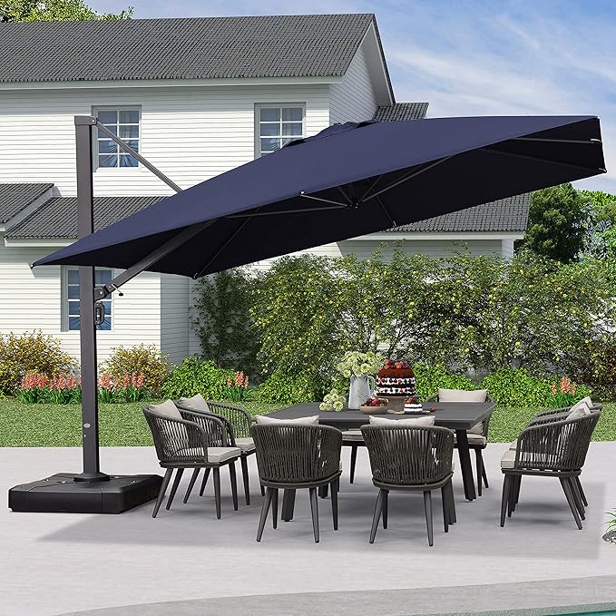 PURPLE LEAF 12 FT Square Patio Umbrella Large Outdoor Aluminum Offset Umbrella with 360-degree Rotation Cantilever Umbrella for Garden Deck Backyard Pool, Navy Blue